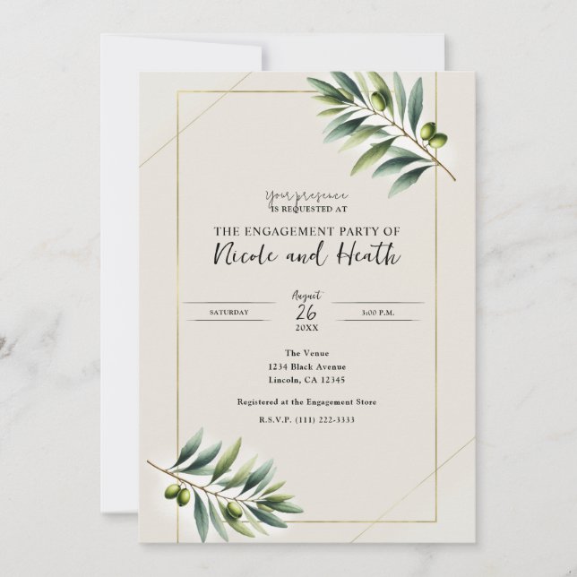 Invitación Fiesta de compromiso hueso de hoja de olivo verde  (Anverso)