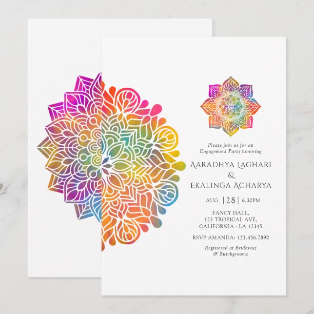 Invitación Fiesta de compromiso india Mandala Arcoíris (Anverso / Reverso)