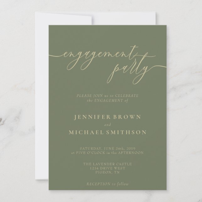 Invitación Fiesta de compromiso informal verde menta y dorado (Anverso)