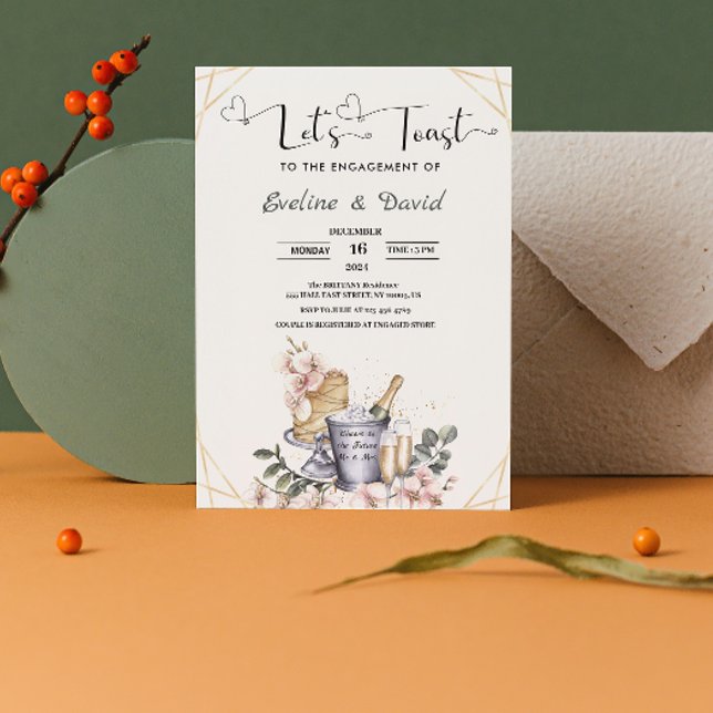 Invitación Fiesta de Compromiso Let's Toast Acuarela Floral (Let's Toast Engagement Party Watercolor Floral Invitation  elegant floral gold classic)