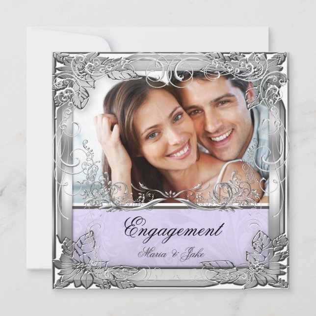 Invitación Fiesta de Compromiso Lila Blanco Plata Foto (Anverso)