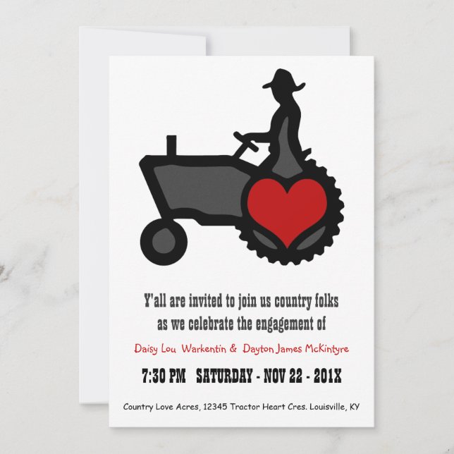 Invitación Fiesta de compromiso lindo del tractor del amor (Anverso)