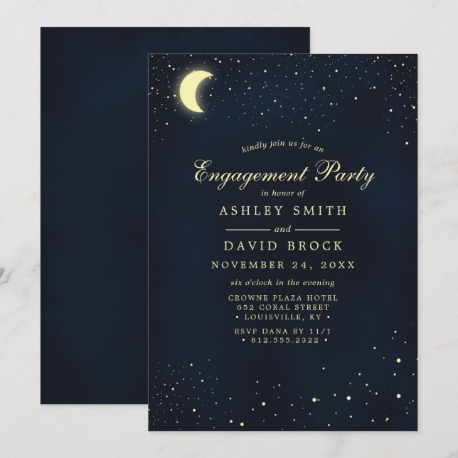 Invitación Fiesta de Compromiso Luna Estrellas Cielo Nocturno (Anverso / Reverso)