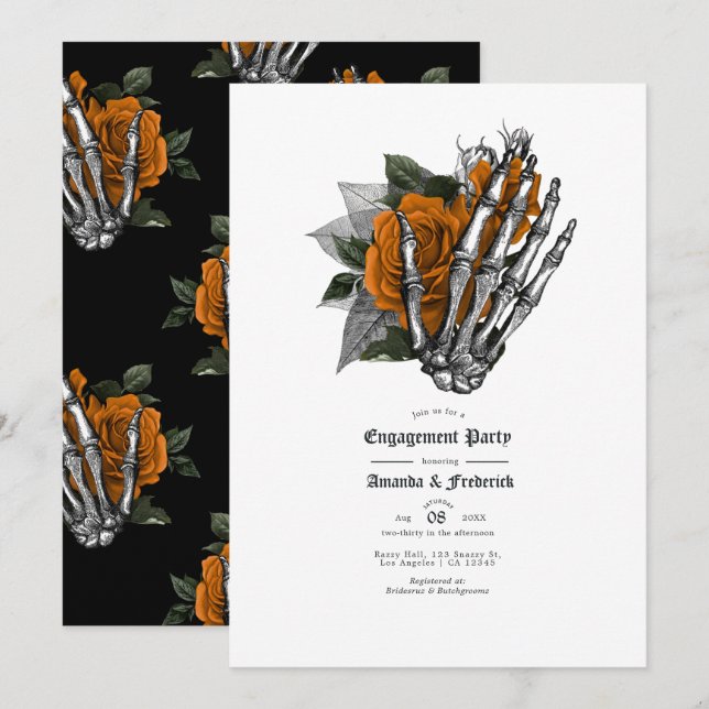 Invitación Fiesta de Compromiso Mano de Esqueleto Gótico y Ro (Anverso / Reverso)