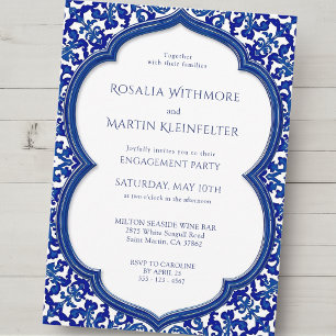 Invitación Fiesta de Compromiso Mediterránea de Baldosa Azul