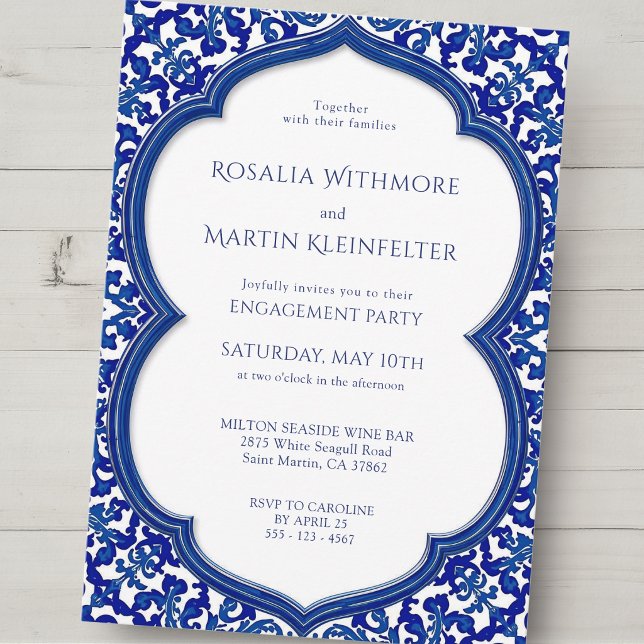 Invitación Fiesta de Compromiso Mediterránea de Baldosa Azul (Subido por el creador)