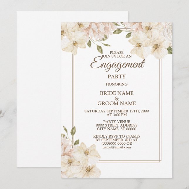 Invitación Fiesta de compromiso moderna con flores blancas y  (Anverso / Reverso)