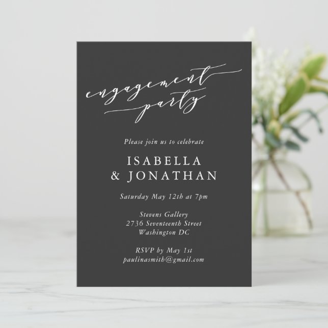 Invitación Fiesta de compromiso moderna con guión blanco negr (Anverso de pie)