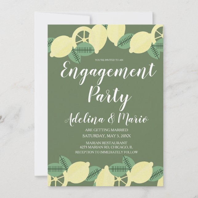 Invitación Fiesta de compromiso moderna con limón boho y vege (Anverso)