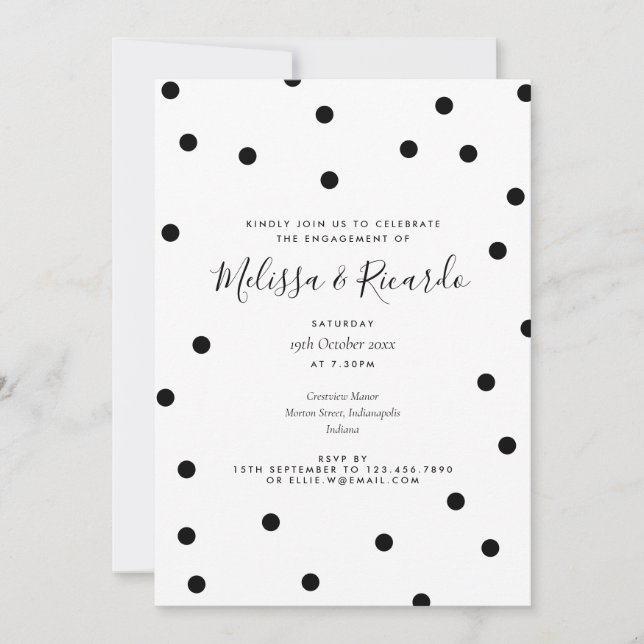 Invitación Fiesta de Compromiso Moderna con Lunares en Blanco (Anverso)