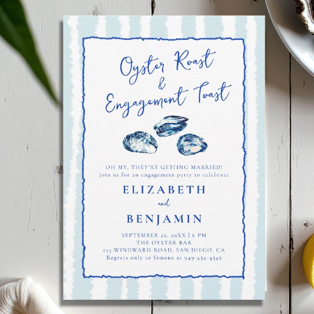 Invitación Fiesta de compromiso moderna con ostras azules (nautical engagement invitation oyster party coastal seaside yacht club boat beach blue hand drawn)
