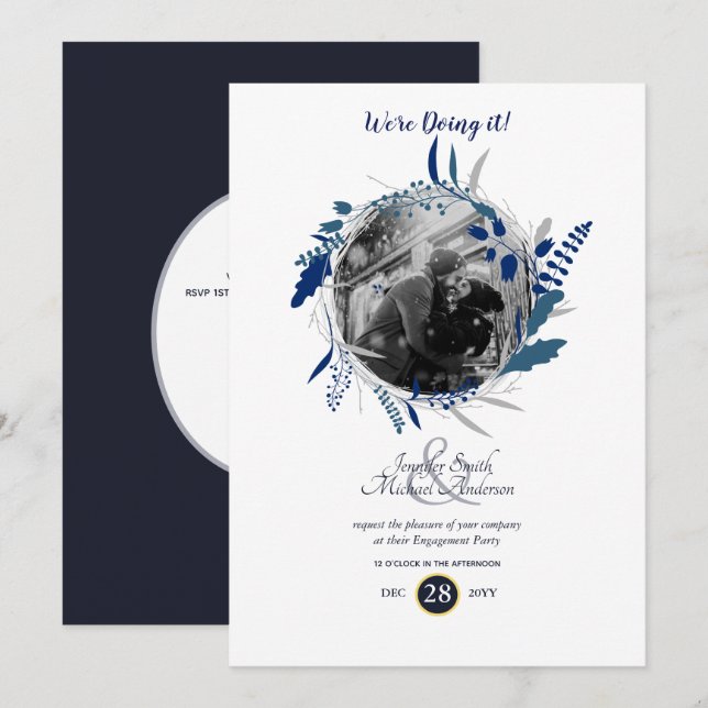 Invitación Fiesta de compromiso moderna FOTO Corona azul (Anverso / Reverso)