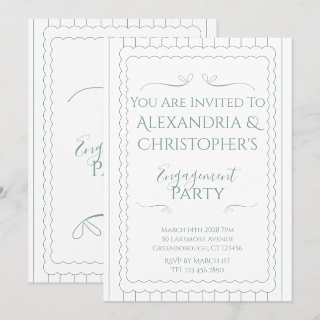 Invitación Fiesta de Compromiso Moderna Verde y Blanco (Anverso / Reverso)