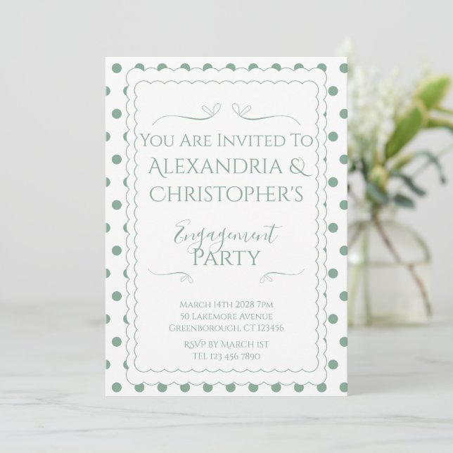 Invitación Fiesta de Compromiso Moderna Verde y Blanco con Lu (Anverso de pie)