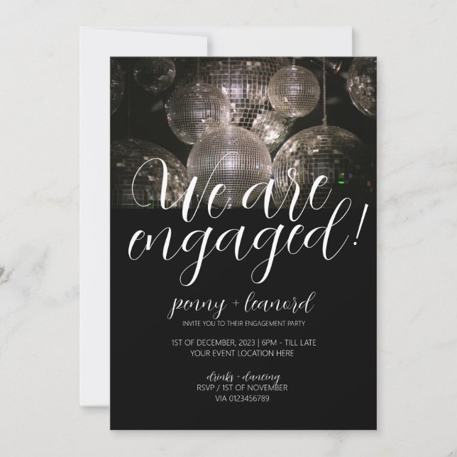 Invitación Fiesta de compromiso moderno de bola disco de plat (Anverso)