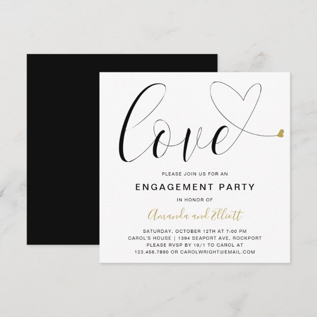 Invitación Fiesta de compromiso moderno de Love Gold Heart (Anverso / Reverso)