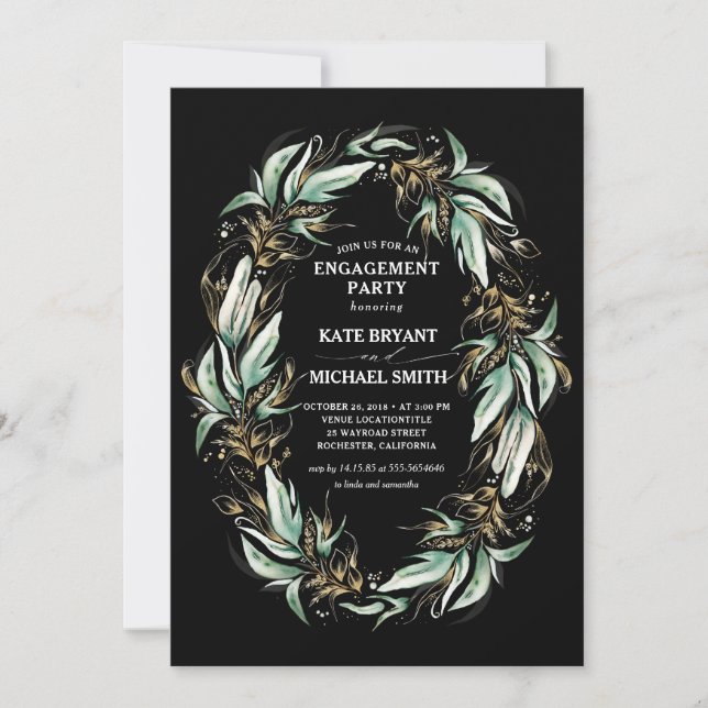 Invitación Fiesta de compromiso moderno y verde de oro (Anverso)