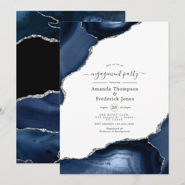 Invitación Fiesta de compromiso Navy y Agata Plateada (Anverso / Reverso)