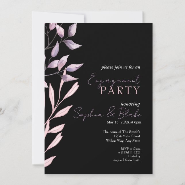 Invitación Fiesta de Compromiso Negra con Follaje Rosa y Púrp (Anverso)