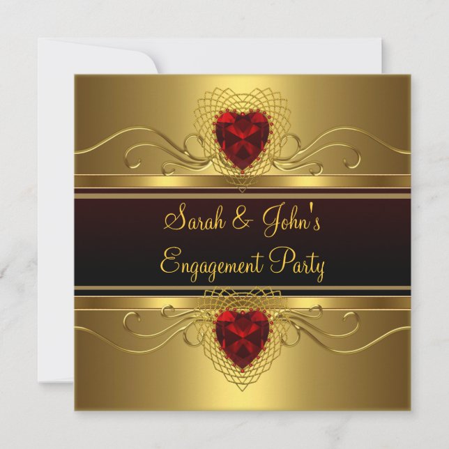 Invitación Fiesta de compromiso negro dorado corazón rojo (Anverso)