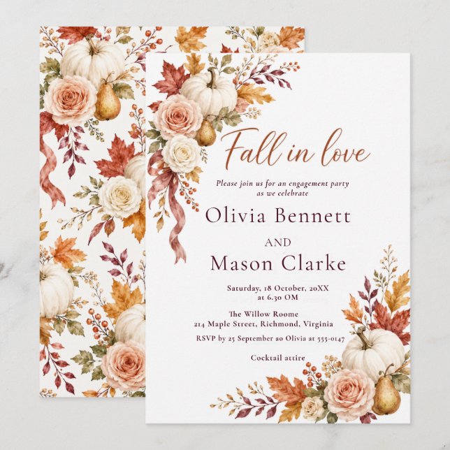 Invitación Fiesta de Compromiso Otoño Cae en Amor (Anverso / Reverso)