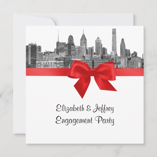 Invitación Fiesta de compromiso Philadelphia Skyline Etch BW  (Anverso)