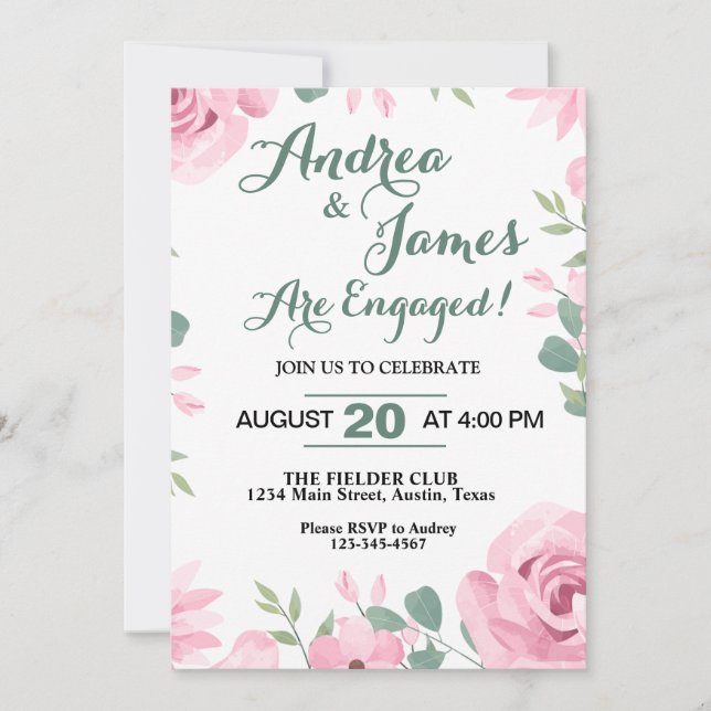 Invitación Fiesta de compromiso Pretty Pink y verde Seafoam (Anverso)