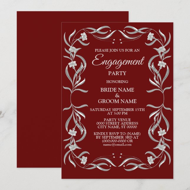 Invitación Fiesta de compromiso roja con patrón floral platea (Anverso / Reverso)
