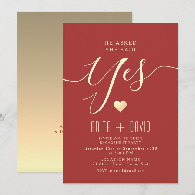 Invitación Fiesta de compromiso roja elegante (Anverso / Reverso)