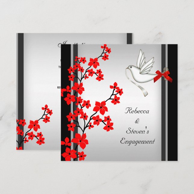 Invitación Fiesta de compromiso Rojo Blanco Flor Negra (Anverso / Reverso)