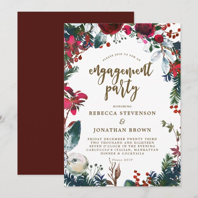 Invitación fiesta de compromiso rojo de invierno (Anverso / Reverso)