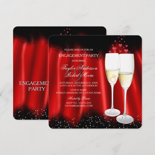 Invitación Fiesta de Compromiso Rojo Negro Anillo de Champán  (Anverso / Reverso)