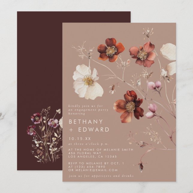Invitación Fiesta de Compromiso Romántica de Otoño Taupe Flor (Anverso / Reverso)
