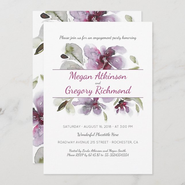 Invitación Fiesta de compromiso romántico con flores de agua  (Anverso / Reverso)