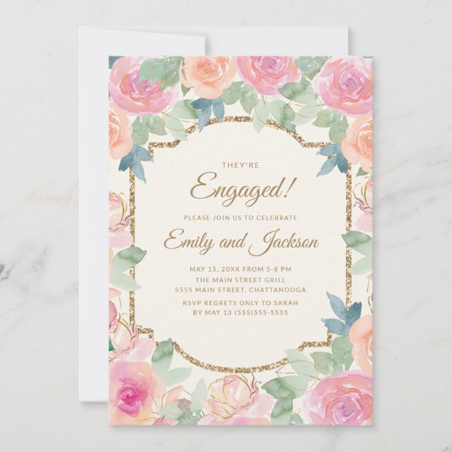Invitación Fiesta de compromiso rosa melocotón floral dorado (Anverso)
