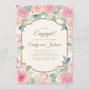 Invitación Fiesta de compromiso rosa melocotón floral dorado