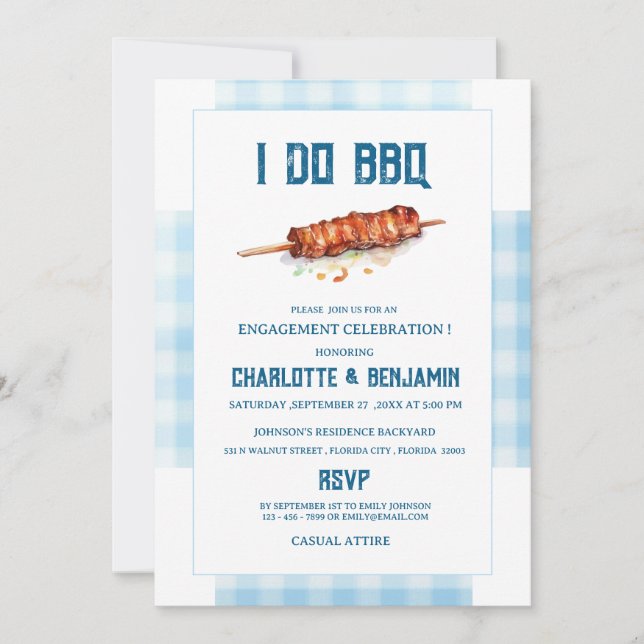 Invitación Fiesta de Compromiso Rustic Blue Gingham I Do BBQ  (Anverso)