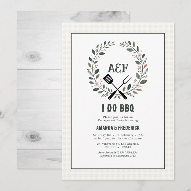 Invitación Fiesta de compromiso Rustic Monogram I Do BBQ (Anverso / Reverso)