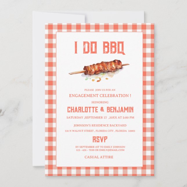 Invitación Fiesta de compromiso Rustic Red Gingham I Do BBQ  (Anverso)