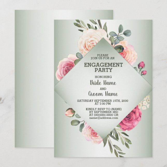 Invitación Fiesta de compromiso rústica verde floral rosa de  (Anverso / Reverso)