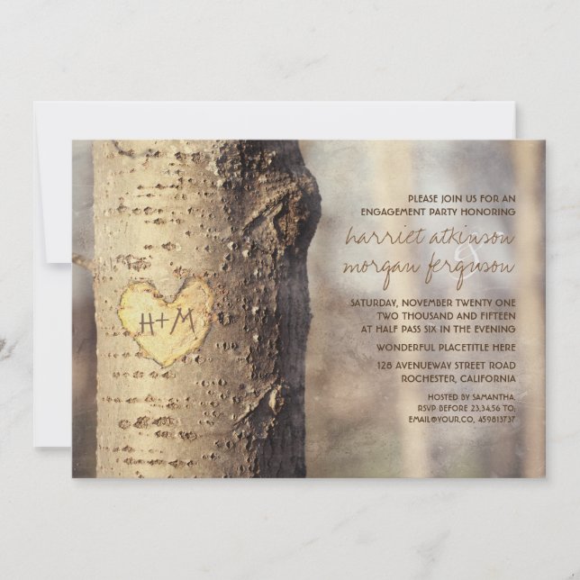Invitación fiesta de compromiso rústico de árbol del corazón  (Anverso)