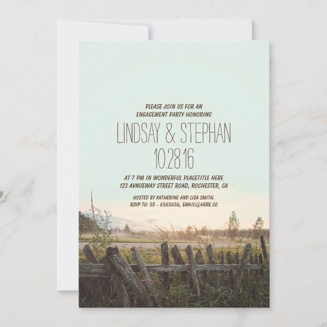 Invitación fiesta de compromiso rústico en el país (Anverso)