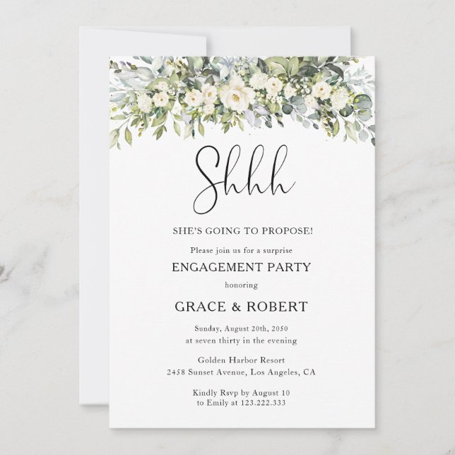 Invitación Fiesta de Compromiso Sorpresa de Flor Blanca (Anverso)