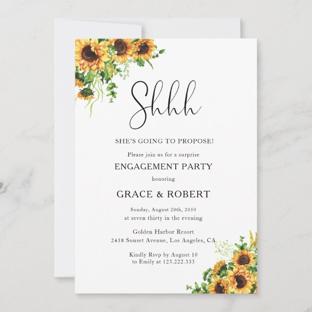 Invitación Fiesta de Compromiso Sorpresa de Girasoles (Anverso)