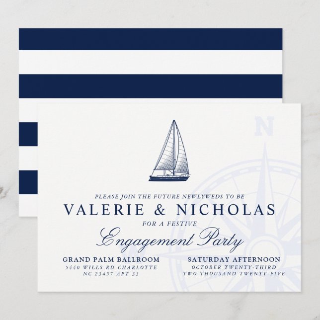 Invitación Fiesta de compromiso temático náutico del velero (Anverso / Reverso)