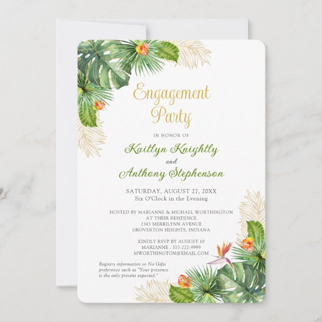 Invitación Fiesta de compromiso tropical acuarela de oro flor (Anverso)