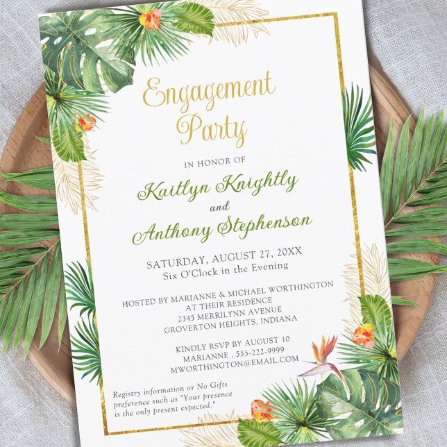 Invitación Fiesta de compromiso tropical acuarela Floral Gold (Subido por el creador)