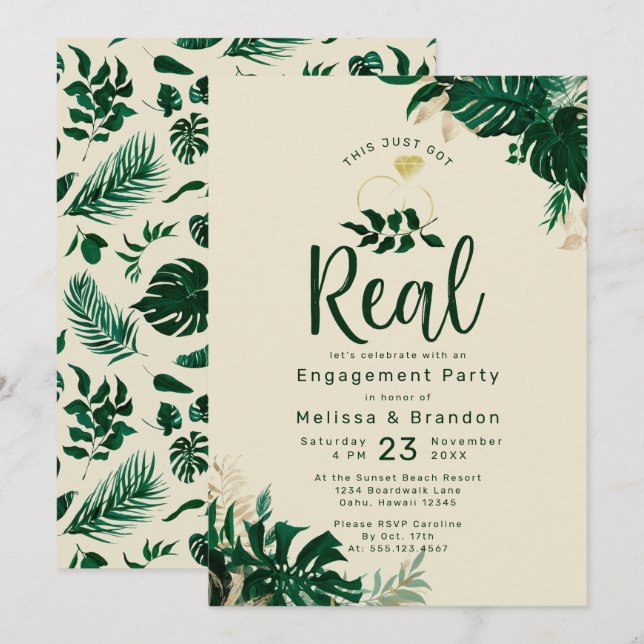 Invitación Fiesta de Compromiso Tropical Leaf Esto Acaba de H (Anverso / Reverso)