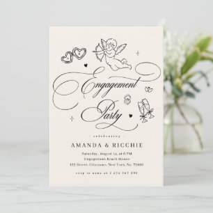 Invitación Fiesta de Compromiso Vintage Cupido Querubín Dibuj
