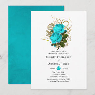 Invitación Fiesta de compromiso Vintage Turquesa y Dorado Sha